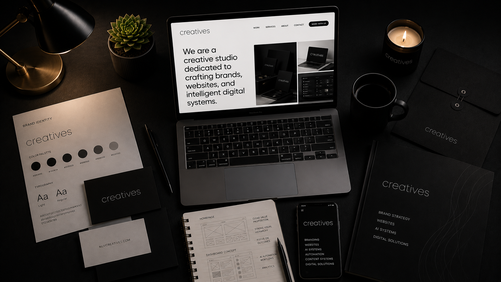 Nuvcreatives brand identity and web design system laid out on a studio desk