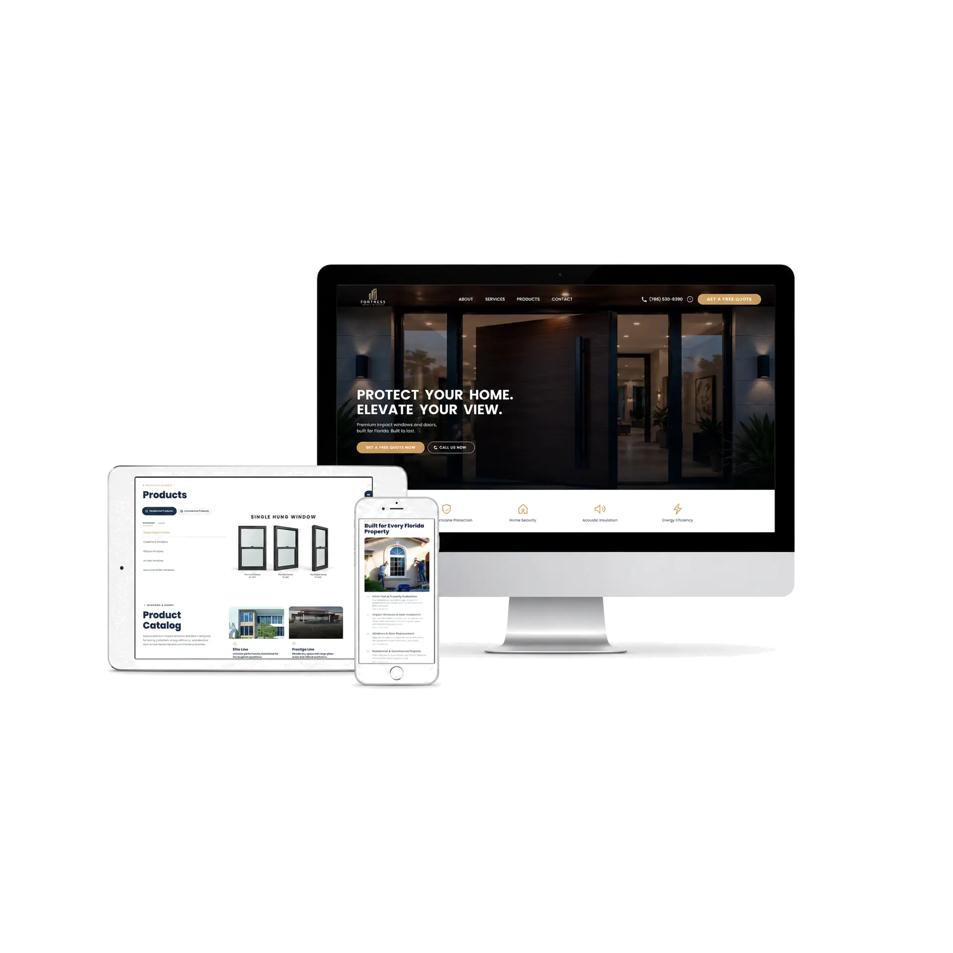 Fortress website mockup showing premium impact windows and doors design on desktop, tablet, and mobile